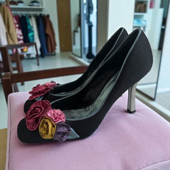 PACO GIL Vintage y2k Black Satin Rosette Heels Size 10 - Picture 1 of 8